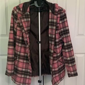 New York & Company Pink and Brown Plaid Coat Wool Blend Lined Hoodie Attached